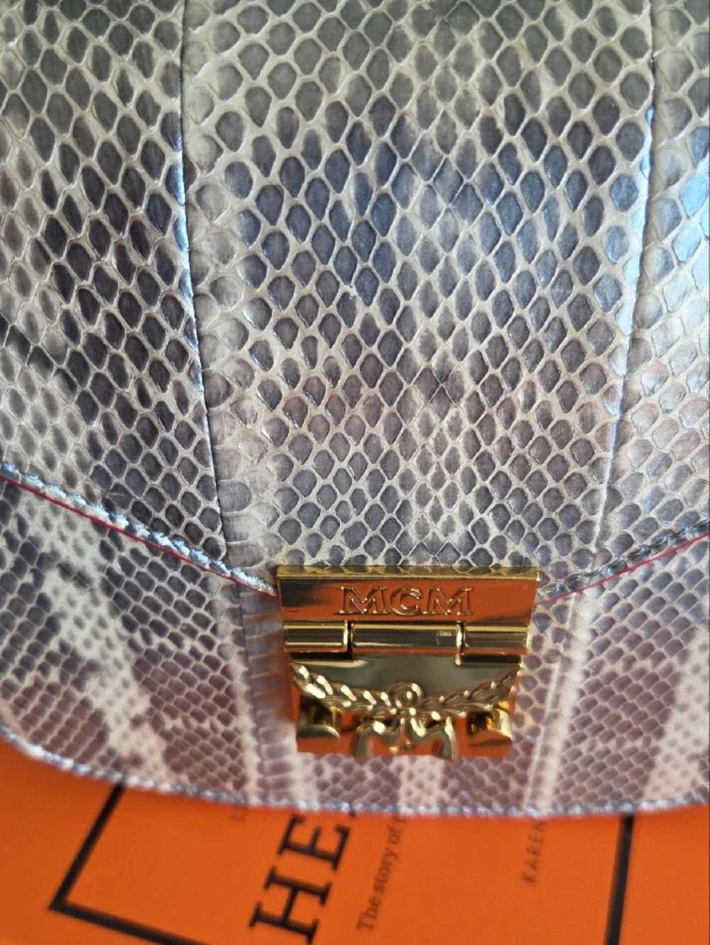 MCM Cream Python-Print Leather Crossbody with Gold Hardware & Dustbag